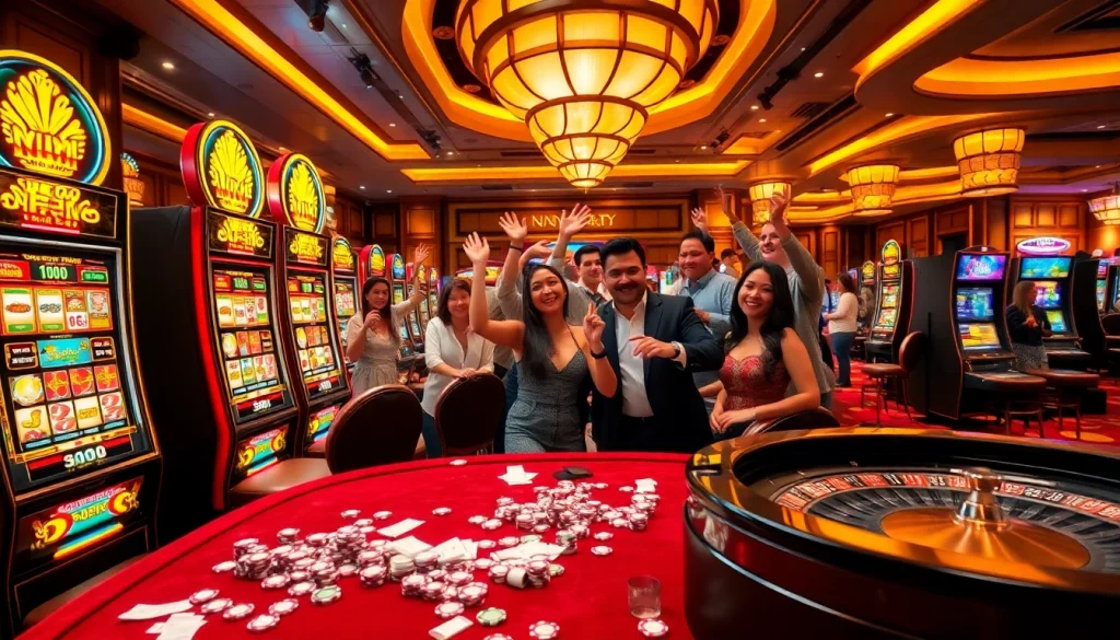 Nổ hũ players celebrating big wins at vibrant casino slot machines amidst exciting surroundings.