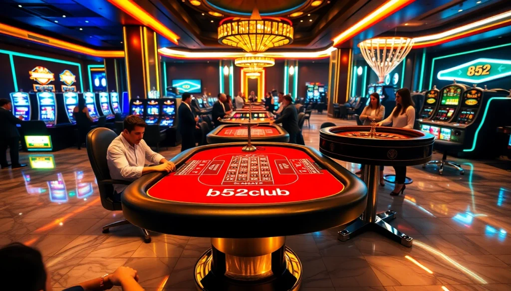 B52club players strategizing at an extravagant poker table with colorful chips in a vibrant casino.