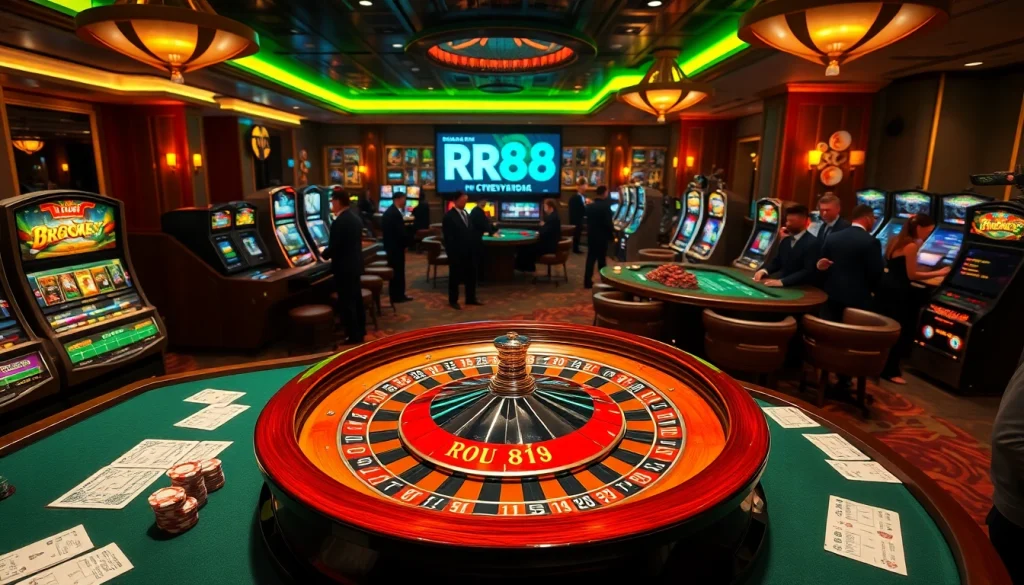 Experience the thrill of RR88 with an elegant casino scene featuring roulette, poker, and vibrant slots.