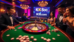 Experience the thrill of betting at KK55.com with a vibrant casino scene showcasing a roulette wheel and engaged players.