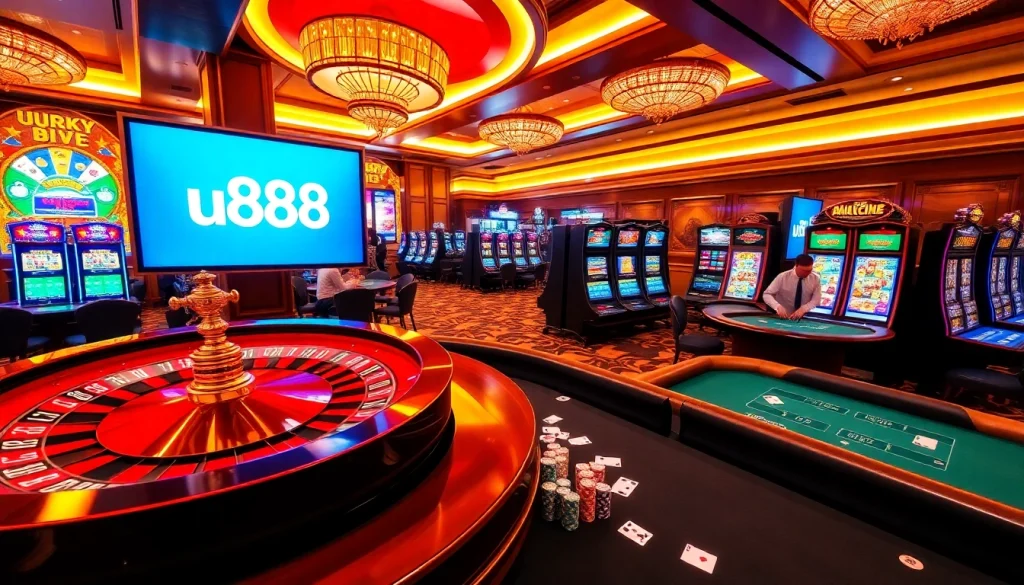 Engaging in high-stakes gaming at a vibrant u888 casino scene featuring roulette and slot machines.