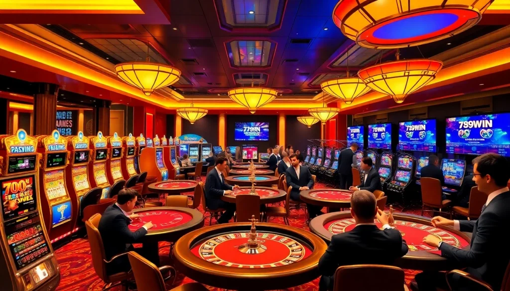Players enjoying a thrilling casino experience at 789win with vibrant slot machines and poker tables.