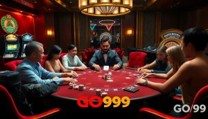 A thrilling poker game at nhà cái GO99 featuring luxurious decor and vibrant atmosphere.