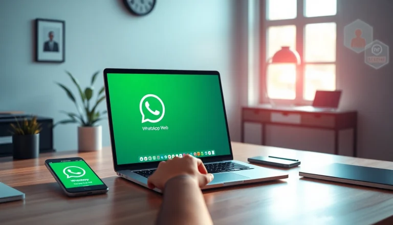 展示在 WhatsApp Web 上工作的用户场景，突出快连VPN的连接性与安全性。